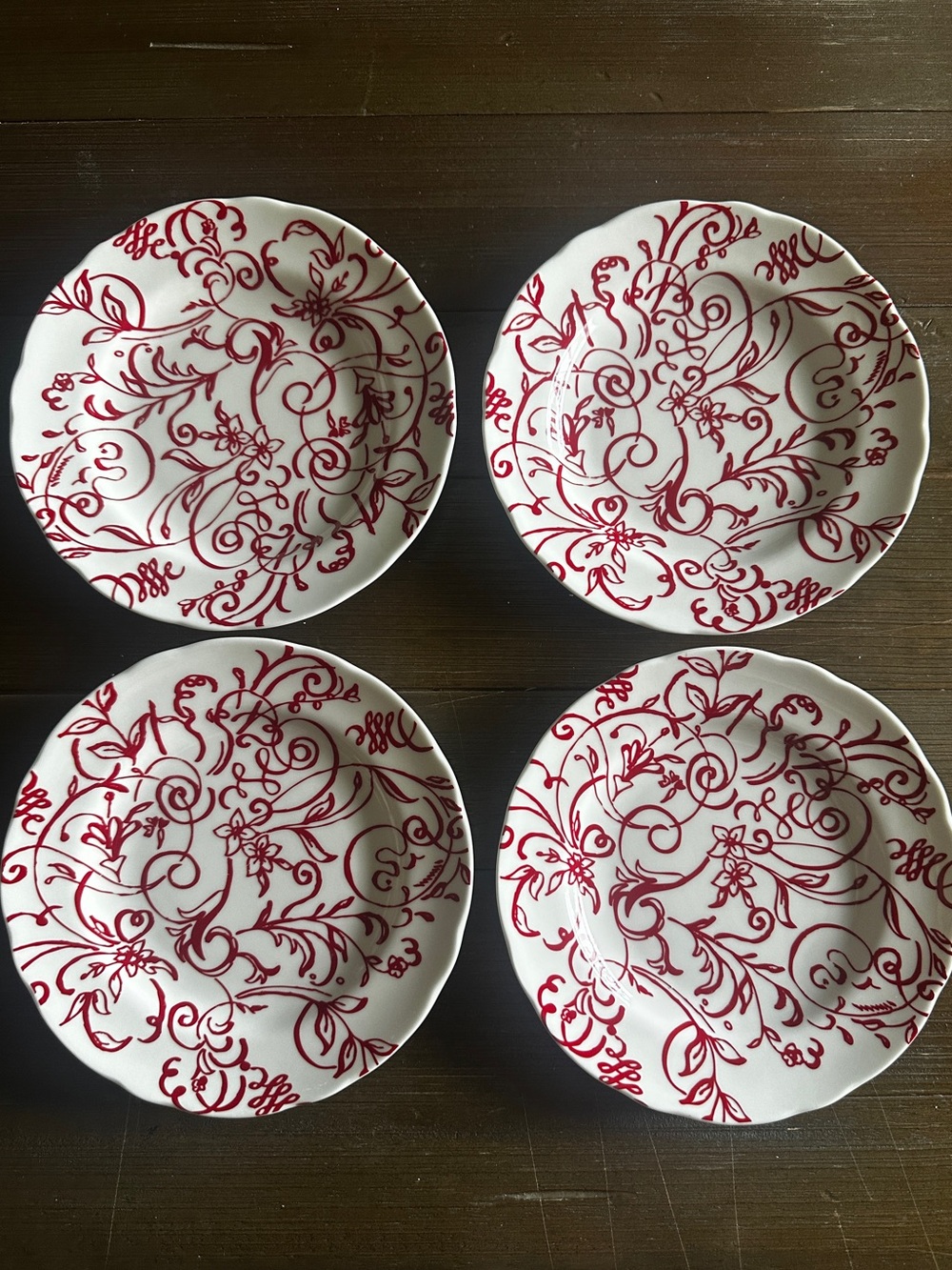 Setof4 Cynthia Rowley Cynthia's Scrolls Red salad plate 8 5/8” Rare Discontinued